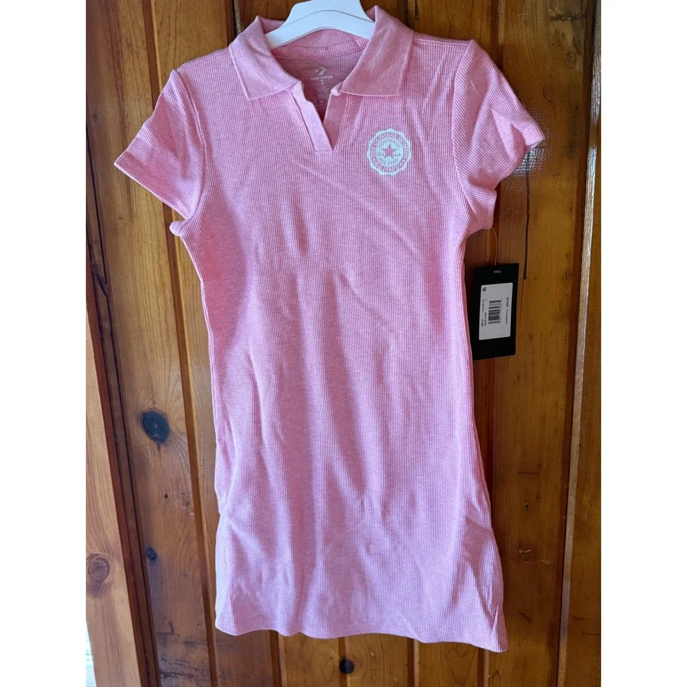 Converse Girls Pink Ribbed Polo‎ Dress Short Sleeve All Star Logo Size 7 NWT